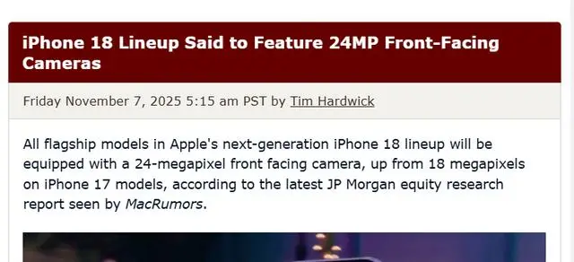 The iPhone 18 series will be equipped with a 24 megapixel front facing camera-HeadTechPro